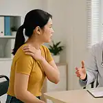 MRI 또는 어깨 X-ray 필름을 들여다보며 다른 진단명을 분석 중인 동양인 의료진. 병원 진료실에서 동일한 통증에 대해 다양한 진단명을 비교·설명하는 장면