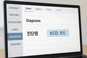 전자차트에 진단명과 KCD 코드가 보이는 화면