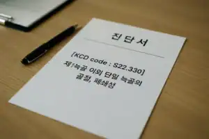 진단서에 '늑골골절' 진단명과 함께 KCD 코드 M75.1이 기재된 서류 이미지 – 진단명과 행정용 질병 코드가 어떻게 병기되는지를 보여주는 예시